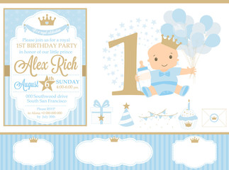 Blue and gold prince party decor. Cute happy birthday card template elements. Birthday first party and boy baby shower design elements set. Seamless classic pattern backgrounds. - obrazy, fototapety, plakaty