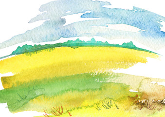 Paysage à l& 39 aquarelle. Champ jaune, herbe sauvage, blé, céréales. Le ciel bleu, la silhouette de la forêt. Peinture d& 39 art, peinture, logo.