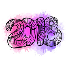 Doodle year 2018 with boho pattern and watercolor splashes. New year. Vector element for your creativity