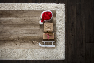 Table background. Carpet on the floor. Free space for your decoration. Photo of christmas time. 