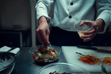 The chef prepares the dish. Sprinkle the salad with spices. Cooking. Professional kitchen. Salad dressing. Spices for salad