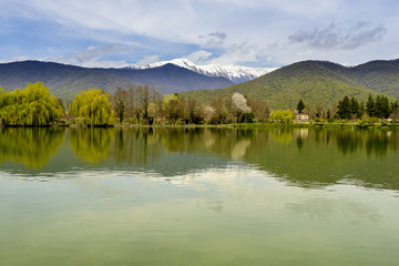 Obraz premium Rural lake landscape with wildlife, ducks and snow capped mountains in background with blue skies and clouds midst of fall foliage. 
