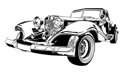 Retro car ink drawing, vintage style. Vector  old  car, can be used for posters and printed products.
