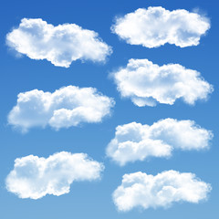 Obraz na płótnie Canvas Clouds set isolated over blue sky background 3D illustration, cloud shapes collection rendering