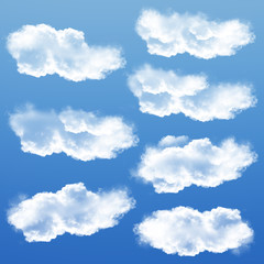 Clouds set isolated over blue sky background 3D illustration, cloud shapes collection rendering