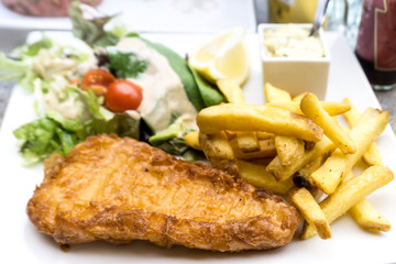 British Traditional fish and chips and  tartar sauce