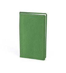 Green notebook in leather cover on white background.