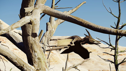 Flying pterodactyl against the beautiful cloudscape 3d illustration © satori