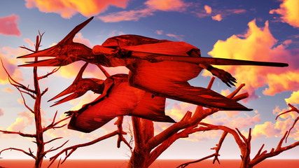 Flying pterodactyl against the beautiful cloudscape 3d illustration © satori