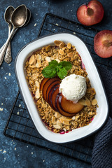 plum oats crumble pie served with ice cream
