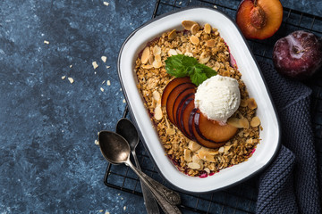 plum oats crumble pie served with ice cream