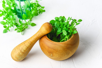 Green lemon basil in a wooden mortar on a light background. Behind the basil in the bottle.