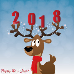 Merry Christmas card with cartoon deer, lights on big horns