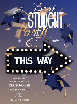 STUDENT PARTY BANNER WITH THEATER CURTAINS AND VINTAGE LIGHT FRAME. VECTOR ILLUSTRATION