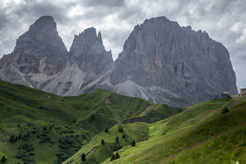 Obraz premium Cloudy and rainy day in Italian Dolomites Alps. Beautiful mauntain landscape. South Tyrol. Italy