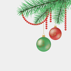 Christmas tree branch with balls and snowflakes. Great for postcards, banners, flyers, headers. Vector illustration.