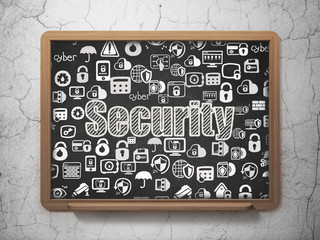 Privacy concept: Chalk White text Security on School board background with  Hand Drawn Security Icons, 3D Rendering