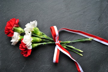 Bukiet białych i czerwonych goździków - Dzień Niepodległości - obrazy, fototapety, plakaty