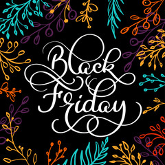 Black Friday calligraphy text on black brush colorwater background with branches frame. Hand drawn lettering Vector illustration