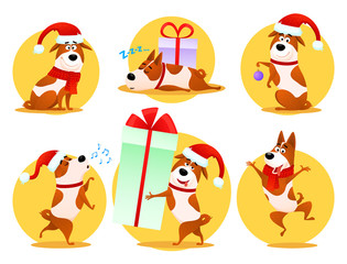 Christmas cartoon dog emoticons. Emoji stickers.