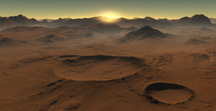 Sunset on Mars. Martian landscape, impact craters on Mars