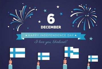 December 6th, Finland, Finnish Independence Day greeting card.   Celebration background with fireworks, flags and text. Vector illustration