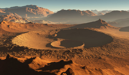 Fototapeta na wymiar Sunset on Mars. Martian landscape, impact craters on Mars
