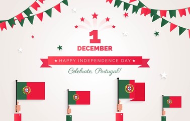 1 December. Portugal Independence Day greeting card.   Holiday background with waving flags, ribbon and garlands. Vector flat illustration