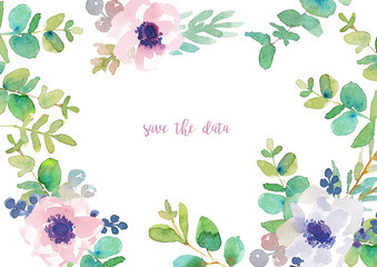 Flower frame made of anemones and eucalyptus. Watercolor illustration
