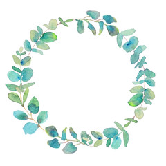 Wreath of eucalyptus branches. Watercolor illustration