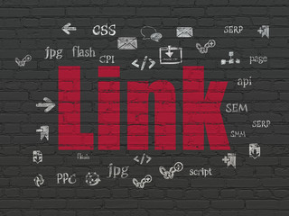 Web design concept: Painted red text Link on Black Brick wall background with  Hand Drawn Site Development Icons