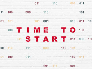 Timeline concept: Painted red text Time to Start on White Brick wall background with Binary Code