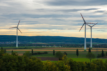 Wind power in lower austrian countryside at sunrise, Austria, Europe