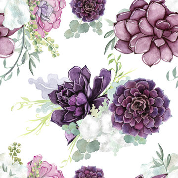Watercolor seamless pattern of delicate succulent flowers.