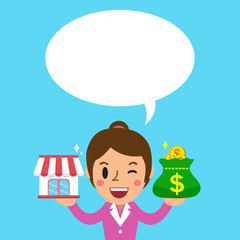Cartoon businesswoman carrying franchise business store and money bag with white speech bubble