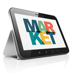 Advertising concept: Tablet Computer with Painted multicolor text Market on display, 3D rendering