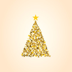 Festive poster Christmas background with copy space. Golden stars and tree on white