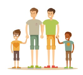 Happy gay couple with children. Stock flat vector illustration.