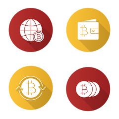 Bitcoin flat design long shadow glyph icons set