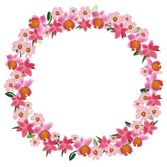 Obraz na płótnie Canvas Pink flowers wreath as circle frame illustration design on white background | Cute and beautiful for invitation card, wedding element | Spring garden temple sweet style 