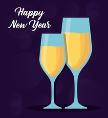 happy new year design with champagne glasses over purple background colorful design vector illustration