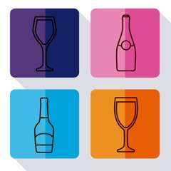 champagne bottle and glasses icon over colorful squares and white background vector illustration