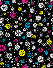 Christmas seamless pattern with color snowflakes over black background,  vector