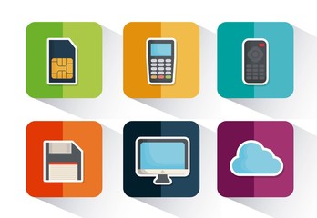 technology devices icon set over colorful squares and white background  vector illustration