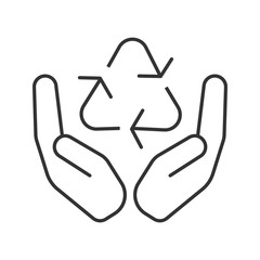 Open palms with recycling sign linear icon