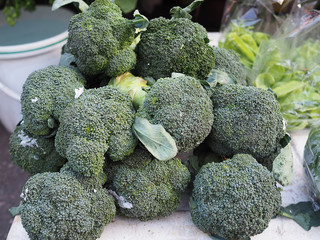 Fresh broccoli closeup for sale on the market.