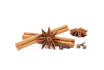 Star anise, cloves and cinnamon isolated on white background