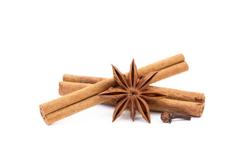 Star anise, cloves and cinnamon isolated on white background