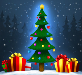 Christmas tree with gifts on snow. Christmas and New Year