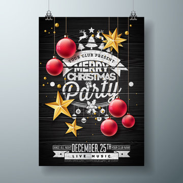 Vector Merry Christmas Party Design with Holiday Typography Elements and Ornamental Ball, Cutout Paper Star on Vintage Wood Background. Celebration Flyer Illustration. EPS 10.